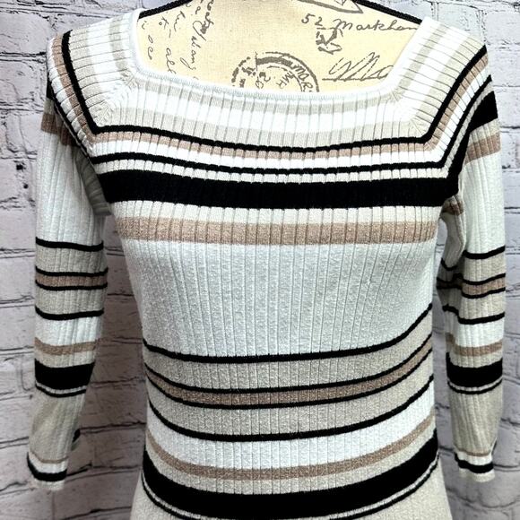 Linda Matthews Pullover Striped Sweater Black Taupe White Square Neck L - Picture 2 of 10